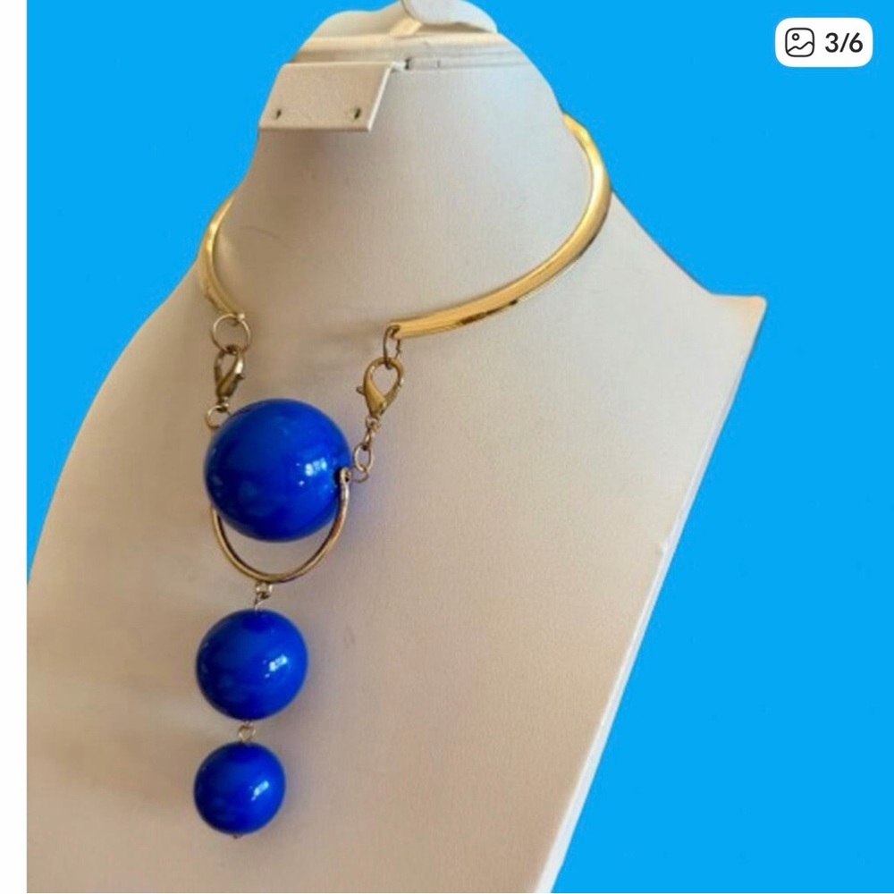 Gold-Tone Necklace with Bold Cobalt Blue Orb Pendant - Picture 2 of 5